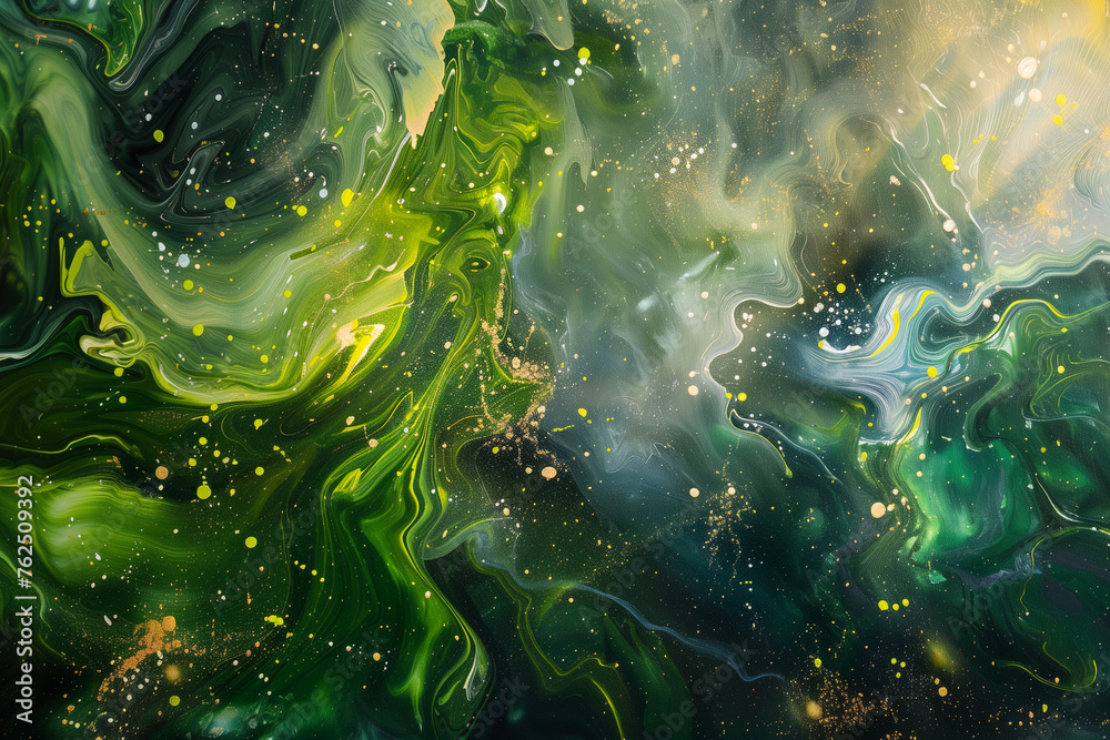 Cosmic dance of green and gold hues with sparkles imitating a galactic nebula Cosmic dance of green and gold hues with sparkles imitating a galactic nebula