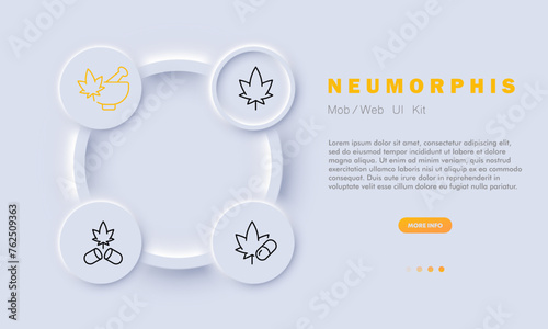 Medicinal marijuana icon set. Medicine, mortar, pill, syringe, cannabis, pain, therapy, pharmacy, law, oncology. Neomorphism style. Vector line icon for business and advertising