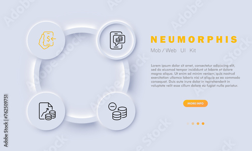 Banking icon set. Coins, finance, currency, bank card, dollar, euro, cashback, banknote exchange. Neomorphism style. Vector line icon for business and advertising