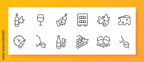 Winemaking icon set. Bottle, grapes, temperature, aging, cheese, snack. Black icon on a white background. Vector line icon for business and advertising