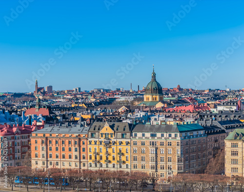 Stockholm old town - Ostermalm  next to Gamla stan. Aerial view of Sweden capital. Drone top panorama photo