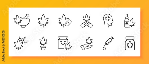 Medicinal marijuana icon set. Psychotherapy, psychology, treatment, PTSD, tablet, syringe, injection, cultivation. Black icon on a white background. Vector line icon for business and advertising