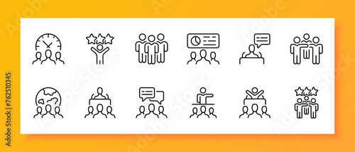 Elections icon set. Hours, showing off, stars, feedback, working with clients, public activities. Vector line icon for business and advertising