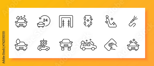 Car wash icon set. Foam, graying, washcloth, water flow, cleanliness, polishing, drop, soap. Black icon on a white background. Vector line icon for business and advertising