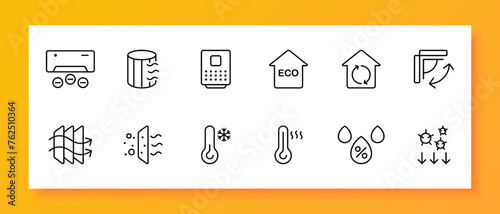 Ventilation icon set. Air, coolness, wind, air conditioning, blowing, cold, summer, warmth, freshness, pipe, propeller. Black icon on a white background. Vector line icon for business and advertising