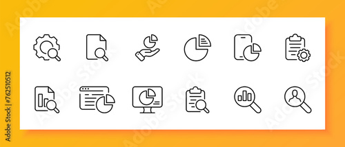 Banking icon set. Information collection, file, magnifying glass, cryptanalyst, smartphone, graph, monitor, diagram. Black icon on a white background. Vector line icon for business and advertising