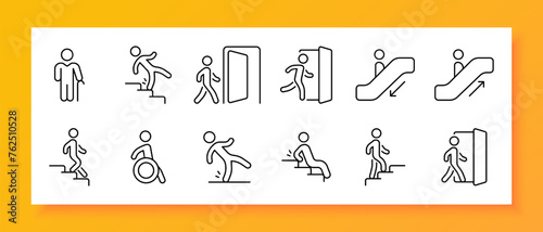 Moving icon set. Steps, cane, escalator, up, down, door, slippery floor, disability. Black icon on a white background. Vector line icon for business and advertising