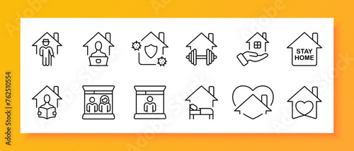 Stay home icon set. Vaccine, remote work, heart, construction, delivery, self-isolation. pandemic. Black icon on a white background. Vector line icon for business and advertising