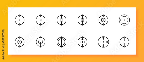 Sight icon set. Target, front sight, sniper, aim, optics, gun, shot, trigger, butt, bullet. Black icon on a white background. Vector line icon for business and advertising