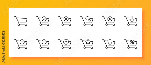 Grocery cart icon set. Shopping, supermarket, grocery, store, goods, basket, market family, daily food, cash register. Black icon on a white background. Vector line icon for business and advertising