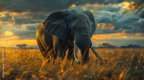 An elephant marches through the steppes of Africa with a dramatic sky in the background