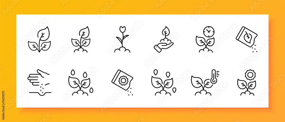 Nature icon set. Sprout, save nature, seed, watering, flower, temperature, time. Black icon on a white background. Vector line icon for business and advertising