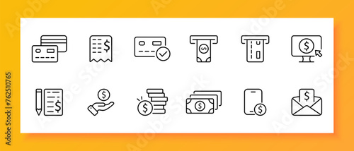 Banking icon set. Credit card, smartphone, monitor, laptop, dollar, bill, ATM, pencil. Black icon on a white background. Vector line icon for business and advertising