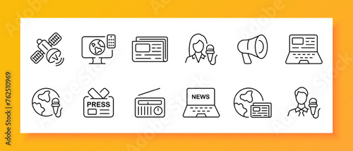 News icon set. Satellite, reporter, loudspeaker, laptop, press, newspaper, radio. Black icon on a white background. Vector line icon for business and advertising