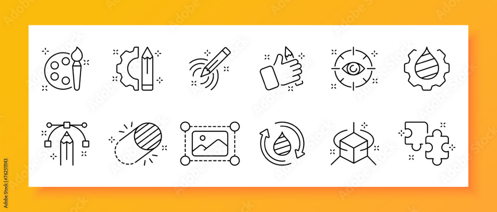 Photography icon set. Editing, pencil, puzzle, palette, brush, cropping, selfie, color, brush. Black icon on a white background. Vector line icon for business and advertising