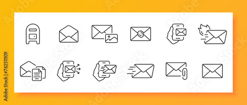 Mail icon set. Cross, plus, dollar, asterisk, favorites, GPS tag, lock, password, minus, gear. Black icon on a white background. Vector line icon for business and advertising