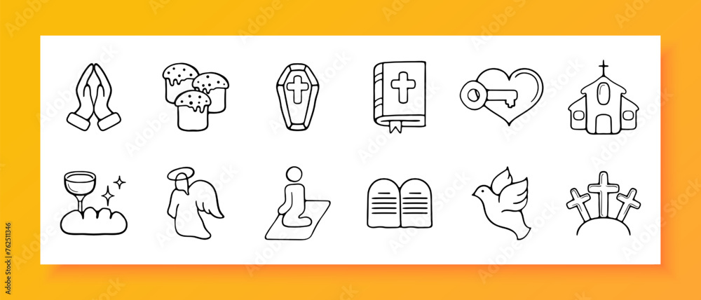 Christianity icon set. Angel, faith, communion, gazebo, bible. cross, prayer, halo. Black icon on a white background. Vector line icon for business and advertising Christianity icon set. Angel, faith, communion, gazebo, bible. cross, prayer, halo. Black icon on a white background. Vector line icon for business and advertising