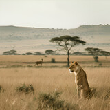 lioness in the savannah,  copy space 