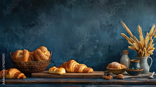 Artisan bakery assortment on blue textured backdrop - A rustic and artisanal display of baked goods including bread, croissants, and pastries, presented against a rich blue backdrop with a textured fi photo