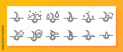 Hair care icon set. Hairdryer, dryness, shampoo, conditioner, balm, beauty, haircut, styling. Black icon on a white background. Vector line icon for business and advertising
