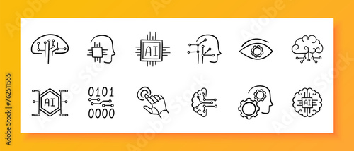Technologies icon set. Gear, monitor, cloud storage, artificial intelligence, information, neural network, robot. Black icon on a white background. Vector line icon for business and advertising