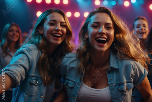 Fröhliche junge Frauen genießen eine Nacht im Club mit bunten Lichtern