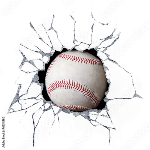 baseball ball on broken window glass isolated on transparent background