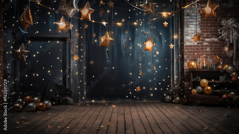 Enchanted starry night scene with decorations - An atmospheric room adorned with golden stars, glowing orbs, and a magical assortment of spherical ornaments