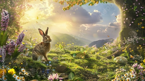 Enchanted forest scene with a rabbit and tree - A magical landscape depicting a rabbit near a large tree with lush greenery and vibrant flowers under a glowing sky