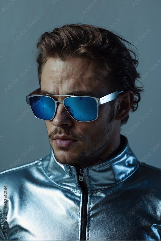 Man in dazzling silver outfit and smooth blue sunglasses