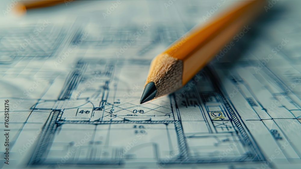 Close Up of Sharp Wooden Pencil on Graph Paper. Perfect for Cartography, Blueprint, Drawing, and Sketch Design Close Up of Sharp Wooden Pencil on Graph Paper. Perfect for Cartography, Blueprint, Drawing, and Sketch Design