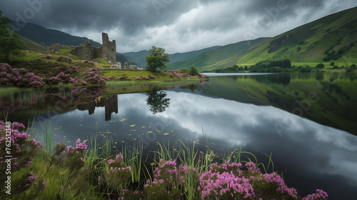 Ruinas junto a un lago un día lluvioso de primavera