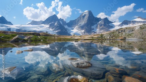 Majestuosas montañas nevadas a los pies de un lago de aguas cristalinas photo