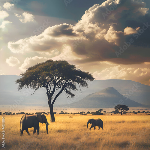 African elephants in the savannah, copy space 