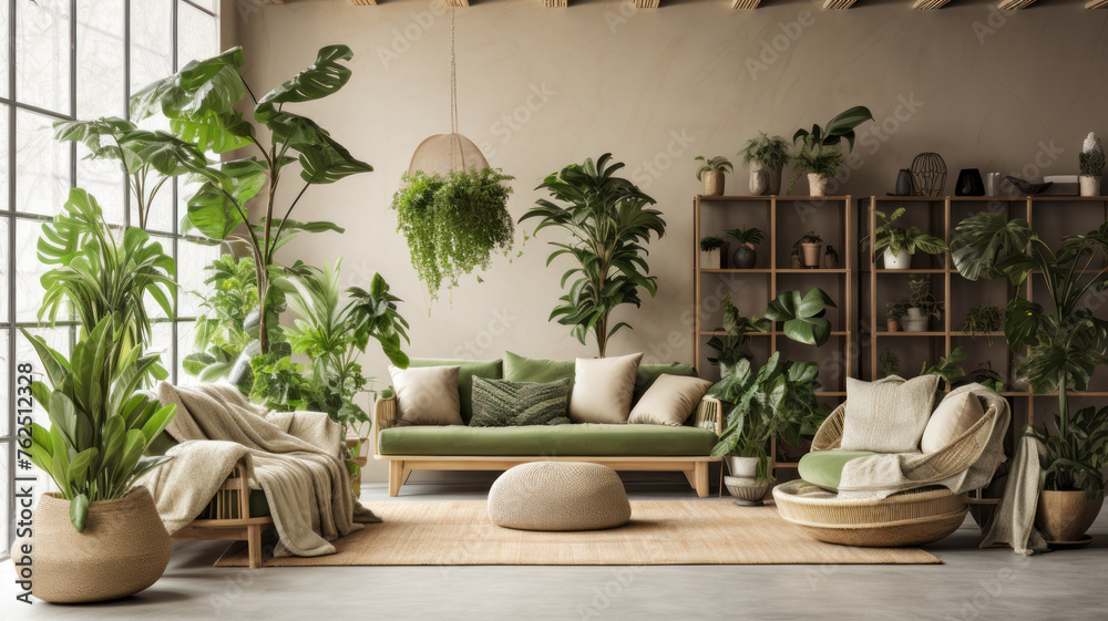 Interior of minimalist living room with green houseplants and sofas