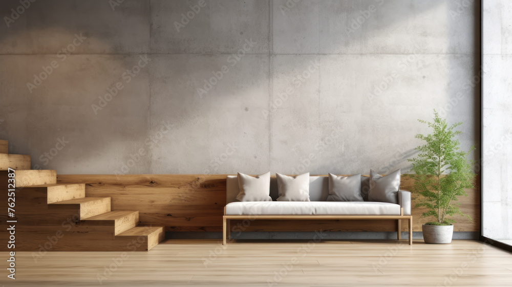 Modern contemporary loft empty room with sofa and nature view There are wooden stair plank wall and ceiling and blank concrete wall for copy space