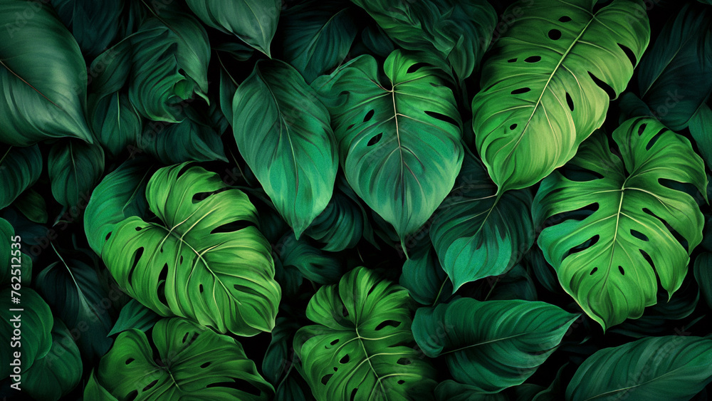 A lush pattern of overlapping monstera leaves in various shades of green.