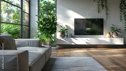Modern minimalist living room with sleek mounted TV and tranquil indoor plants