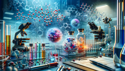 An image capturing the essence of the biopharmaceuticals discovery process, focusing on new drug compounds and molecular analysis within a laboratory photo