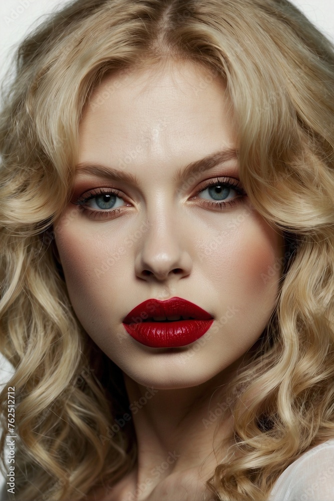 Woman with Blonde Hair and Red Lipstick: Ivory Makeup and Seductive Facial Features Woman with Blonde Hair and Red Lipstick: Ivory Makeup and Seductive Facial Features