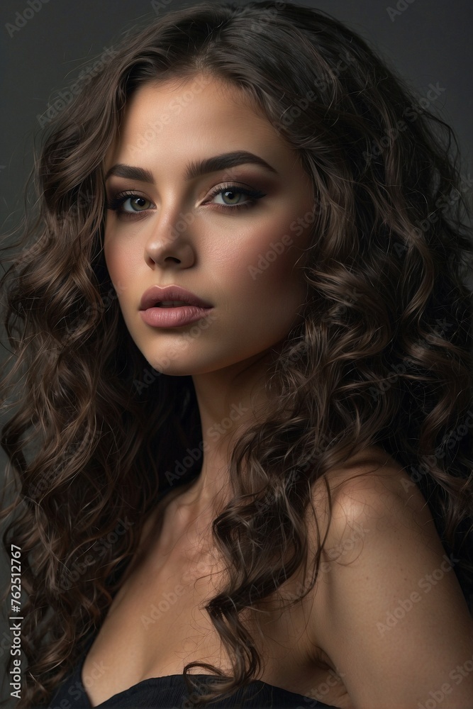 Beautiful Woman with Dark Hair: Perfect Makeup and Seductive Facial Features Beautiful Woman with Dark Hair: Perfect Makeup and Seductive Facial Features
