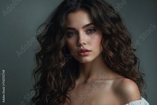 Beautiful Woman with Dark Hair: Perfect Makeup and Seductive Facial Features