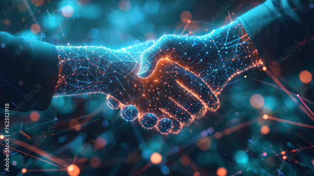 Handshake in digital futuristic style. The concept of partnership
