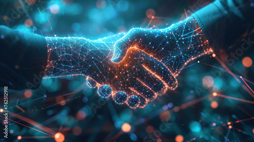 Handshake in digital futuristic style. The concept of partnership photo