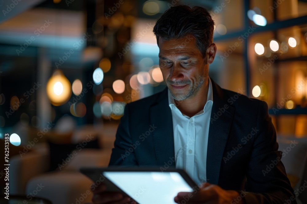 A businessman delves into insurance options on a digital tablet, absorbed in the screens glow. A businessman delves into insurance options on a digital tablet, absorbed in the screens glow.