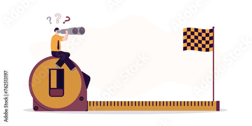 Businessman sitting on measuring tape to measure and analyze distance from target. Male employee measures distance to completion of the task, finishing flag at end of path.