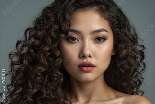 Beautiful Asian Woman with Wavy Hair: Perfect Makeup and Seductive Facial Features