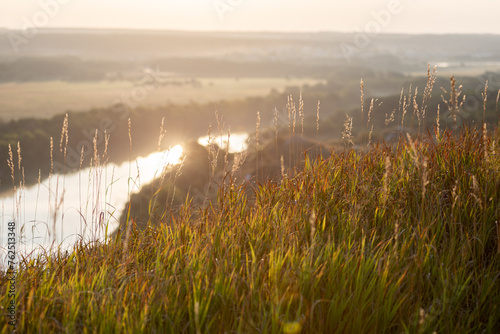 Meadow grasses and a river in the rays of the rising sun on the background