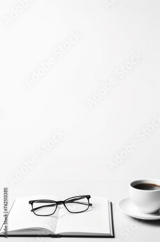 Minimalistic Reading Break: Glasses, Open Book, and Coffee Cup