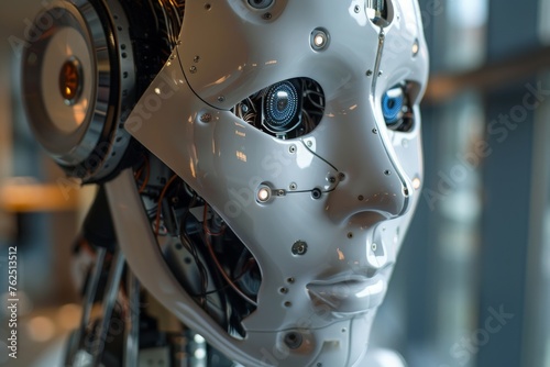 A white robot with piercing blue eyes and a serene white face gazes into the unknown.